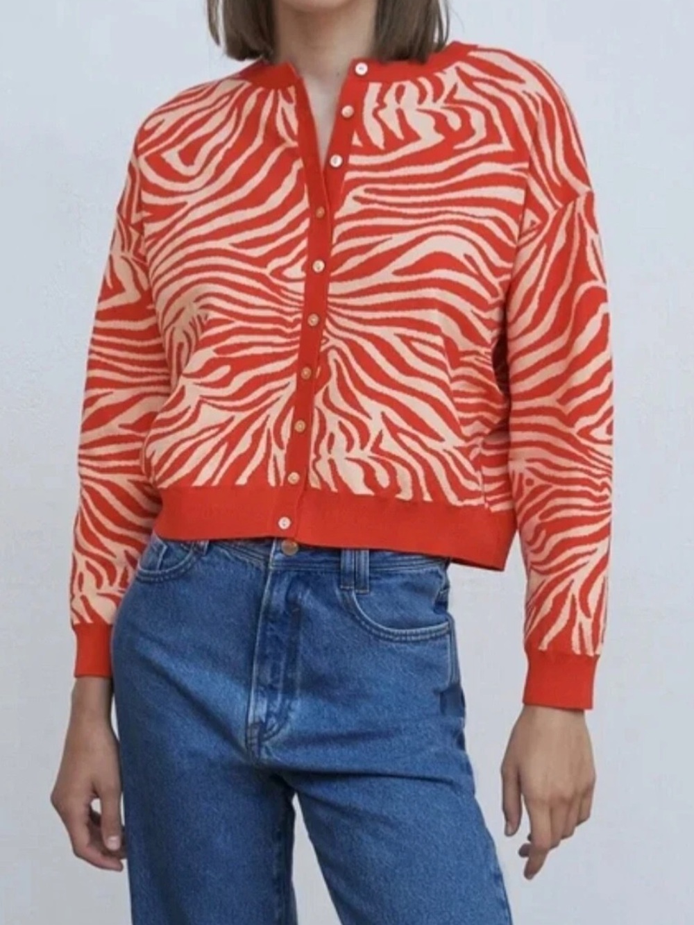 Zara Orange and White Zebra Print Button Up Blouse